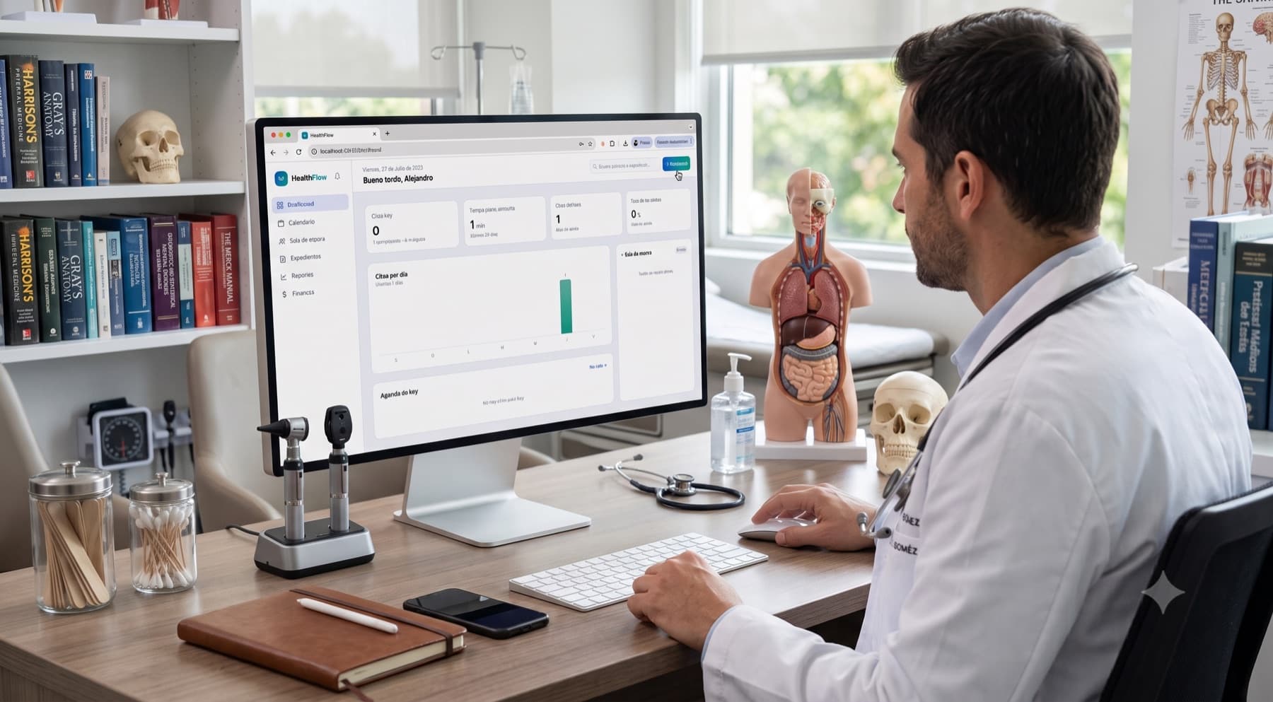 Médico usando HealthFlow en su consultorio